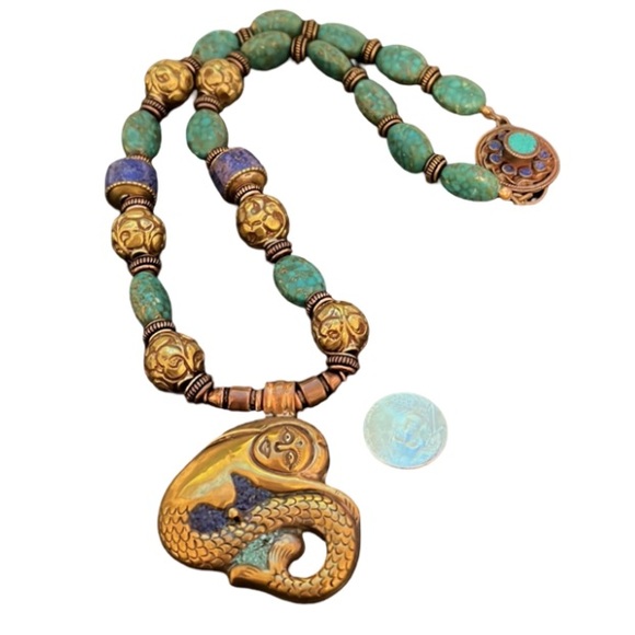 Antique Victorian Turkish Bronze Work w Turquoise Stone Beaded Mermaid Necklace - Picture 11 of 11